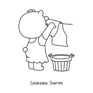 Desenho para colorir de uma ursa animada pendurando a roupa num varal