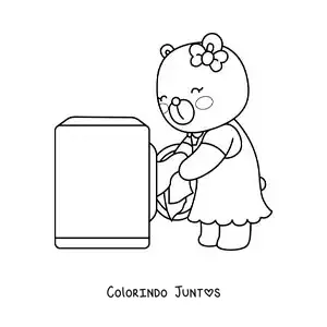 Desenho para colorir de uma ursa animada lavando roupa na máquina de lavar