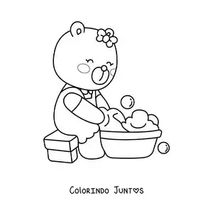 Desenho para colorir de uma ursa animada lavando roupa à mão