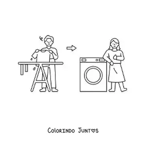 Desenho para colorir de um homem pendurando a roupa para secar vs uma mulher com a roupa na secadora