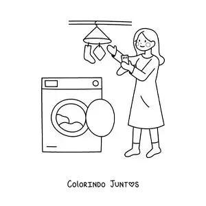 Desenho para colorir de uma mulher tirando a roupa da máquina de lavar para pendurar