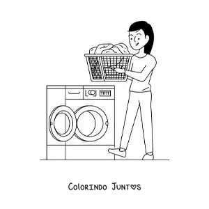 Desenho para colorir de uma garota levando um cesto de roupa para a máquina de lavar