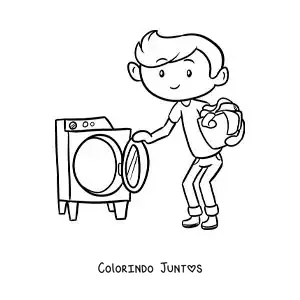 Desenho para colorir de um menino animado levando um cesto de roupa para a máquina de lavar