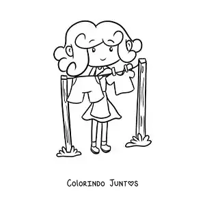 Desenho para colorir de uma jovem animada pendurando a roupa num varal