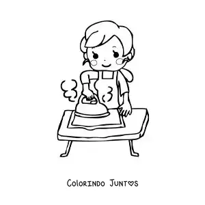 Desenho para colorir de uma mãe kawaii animada passando roupa