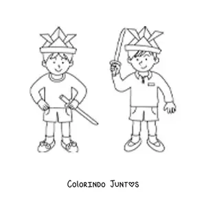 Desenho para colorir de duas crianças brincando com espadas de brinquedo