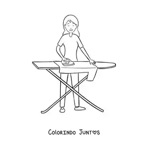 Desenho para colorir de uma menina passando uma camisa na tábua de passar