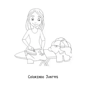 Desenho para colorir de uma jovem passando roupa na tábua de passar