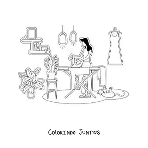 Desenho para colorir da silhueta de uma mulher passando roupa em casa