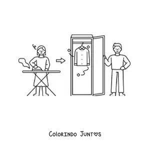 Desenho para colorir de uma mulher passando roupa para pendurar no armário