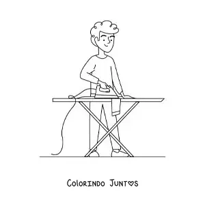 Desenho para colorir de um menino passando roupa na tábua de passar