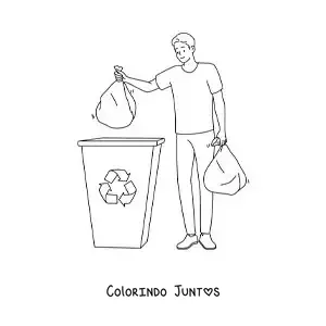 Desenho para colorir de um menino levando sacos de lixo até a lixeira de reciclagem