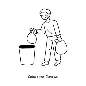 Desenho para colorir de um homem levando o lixo para fora em casa