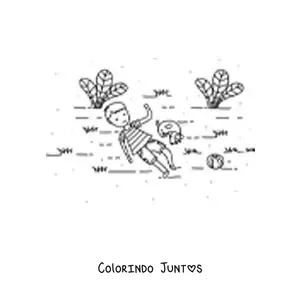 Desenho para colorir de um menino deitado na grama ao lado de um cachorro em um jardim