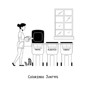 Desenho para colorir de uma menina levando resíduos até a lixeira de reciclagem