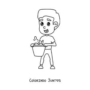 Desenho para colorir de um menino com uma lixeira