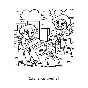 Desenho para colorir de duas crianças varrendo o quintal e levando o lixo para fora