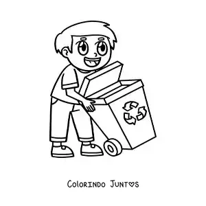 Desenho para colorir de um menino carregando uma lixeira de reciclagem
