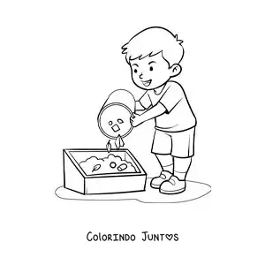 Desenho para colorir de um menino fazendo compostagem de resíduos orgânicos