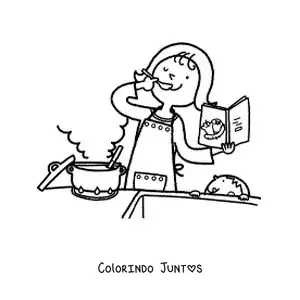 Desenho para colorir de uma mãe cozinhando uma receita junto com o filho