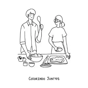 Desenho para colorir de um casal cozinhando junto