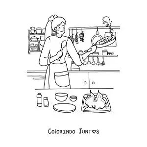 Desenho para colorir de uma mulher cozinhando em casa