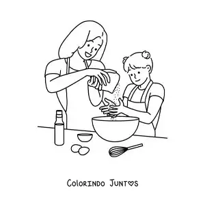 Desenho para colorir de uma mãe cozinhando junto com a filha