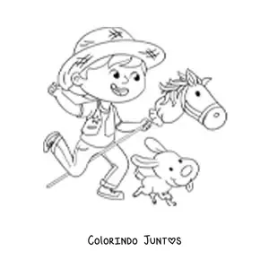 Desenho para colorir de um menino brincando fantasiado de cowboy