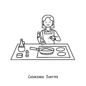 Desenho para colorir de uma menina cozinhando em uma frigideira