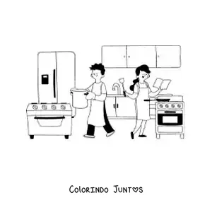 Desenho para colorir de mamãe e papai cozinhando em casa