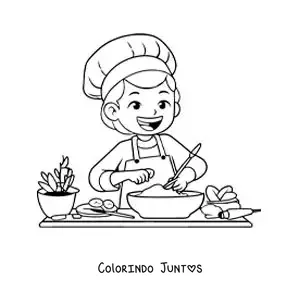 Desenho para colorir de uma menina cozinhando com chapéu de chef