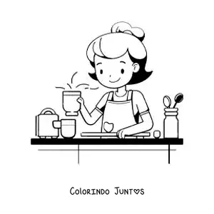 Desenho para colorir de uma menina cozinhando em casa