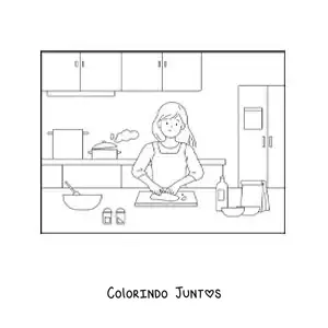 Desenho para colorir de uma mãe cozinhando na cozinha