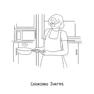 Desenho para colorir de uma avó cozinhando em uma frigideira na cozinha