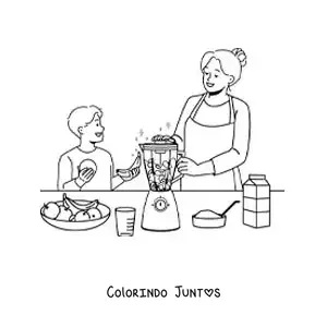 Desenho para colorir de uma mãe e o filho preparando um shake no liquidificador
