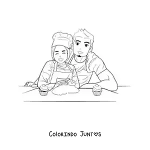 Desenho para colorir de um pai e a filha de hijab preparando sobremesas