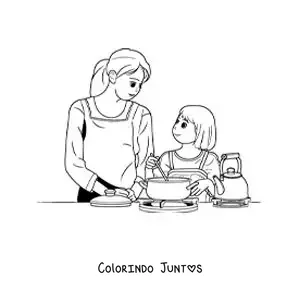 Desenho para colorir de uma menina ajudando a mãe a cozinhar