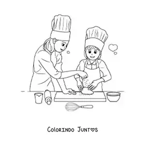 Desenho para colorir de uma mãe ajudando a filha a preparar uma sobremesa