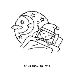 Desenho para colorir de um menino dormindo com a Lua sorrindo