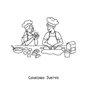 Desenho para colorir de um casal preparando empanadas