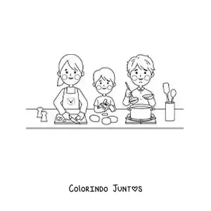 Desenho para colorir de uma família kawaii cozinhando em casa