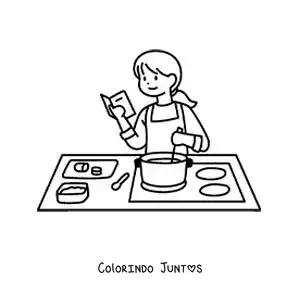 Desenho para colorir de uma mulher seguindo uma receita de cozinha