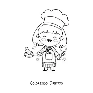 Desenho para colorir de uma menina kawaii preparando uma omelete
