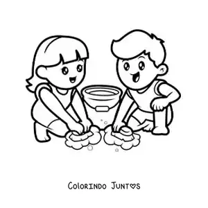 Desenho para colorir de duas crianças kawaii esfregando o chão em casa