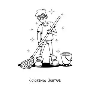 Desenho para colorir de um menino esfregando o chão em casa