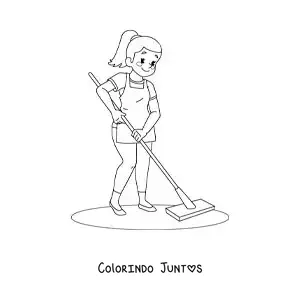 Desenho para colorir de uma mãe limpando o chão com um esfregão