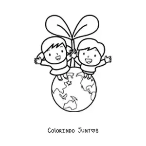 Desenho para colorir de duas crianças cuidando do planeta