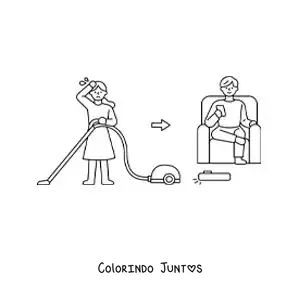 Desenho para colorir de uma mulher aspirando a casa vs um homem com um robô aspirador