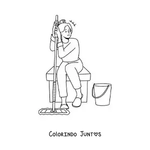 Desenho para colorir de uma menina exausta de esfregar o chão com o esfregão