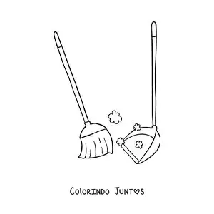 Desenho para colorir de uma vassoura varrendo poeira e uma pá